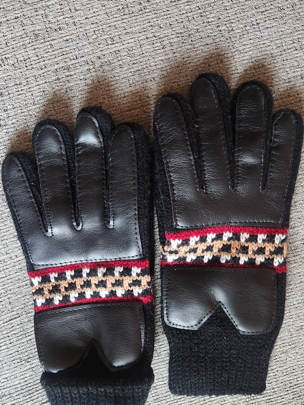 Black Leather & Knit Gloves with Red Accent Band
